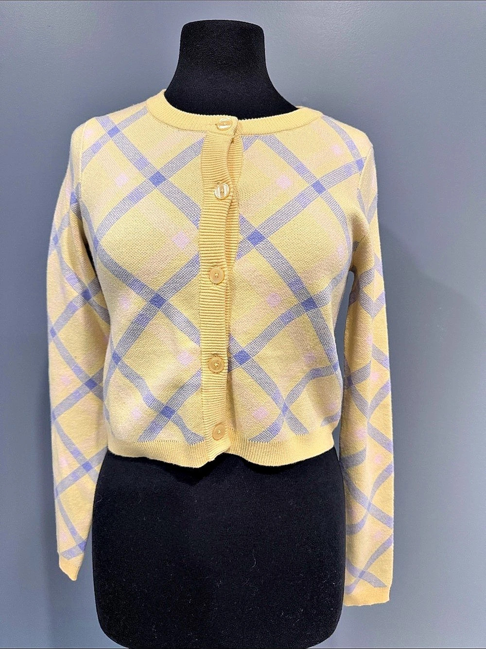 twik by Simons Plaid Cardigan in Yellow & Purple XS NWT